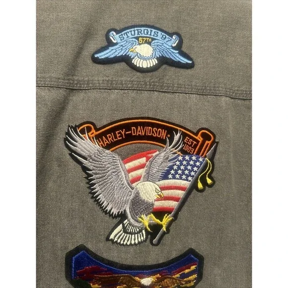 Harley Davidson Biker Blues Frayed Sleeveless Shirt W/ Multiple Pins/Patches- L - Picture 12 of 14